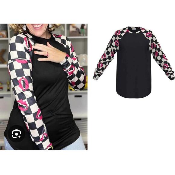 NWT LuLaRoe Erin Top XL Halloween Lips Checkered Sleeve Raglan - Picture 1 of 2